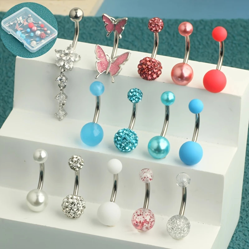 14pcs 배 단추 반지는 명확한 상자를 가진 배 나팔 - Body Jewelry Jewelry Box 리뷰 및 가격