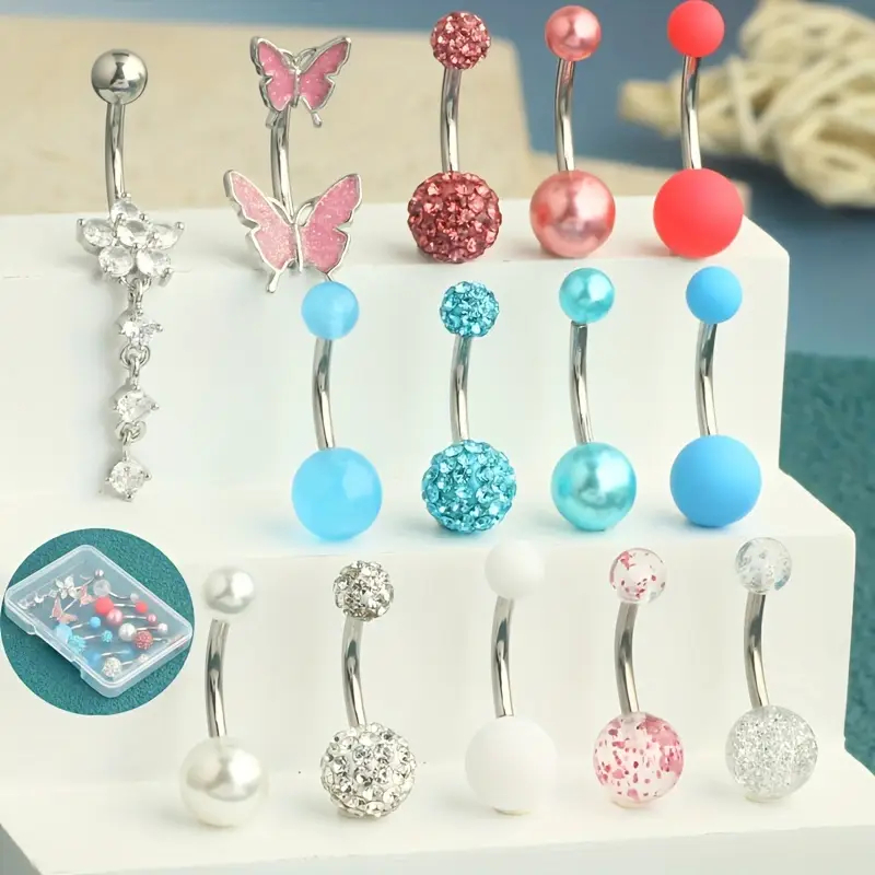 14pcs 배 단추 반지는 명확한 상자를 가진 배 나팔 - Body Jewelry Jewelry Box 리뷰 및 가격